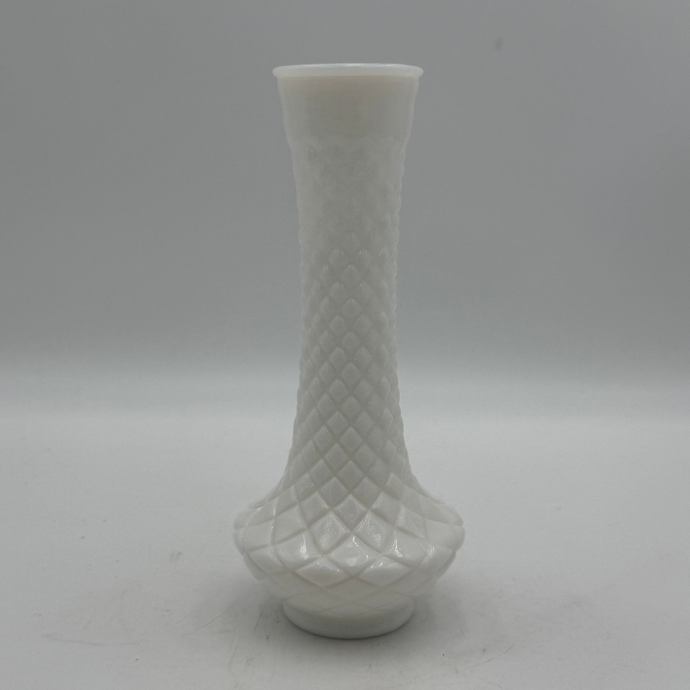 Vintage White Milk Glass Bud Vase Diamond Point Quilted Pattern 9 Inch